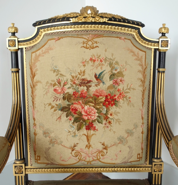 Louis XVI style blackened and gilt wood seating set, Aubusson tapestry, 19th century circa 1860