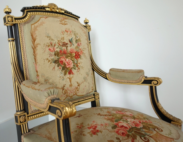 Louis XVI style blackened and gilt wood seating set, Aubusson tapestry, 19th century circa 1860