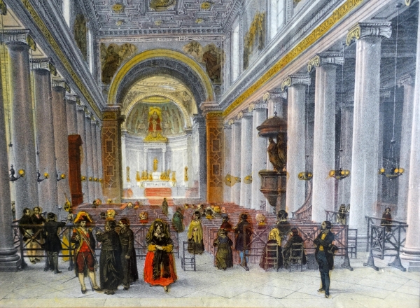 Set of 10 colourized lithographs : Paris places, Napoleon III period, mahogany frames