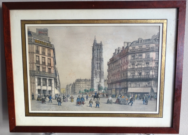 Set of 10 colourized lithographs : Paris places, Napoleon III period, mahogany frames