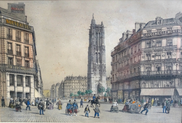 Set of 10 colourized lithographs : Paris places, Napoleon III period, mahogany frames