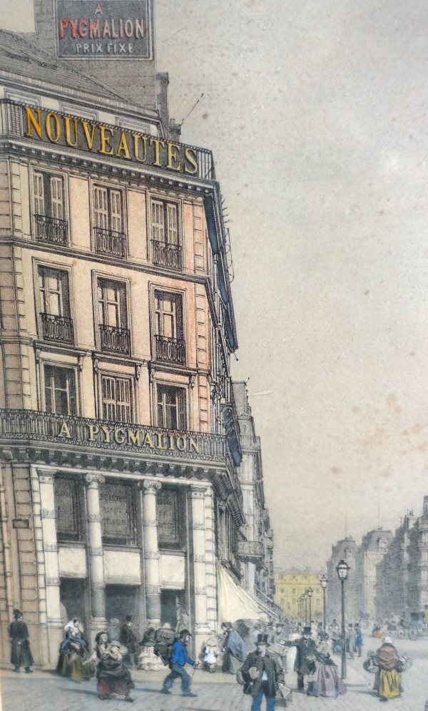 Set of 10 colourized lithographs : Paris places, Napoleon III period, mahogany frames