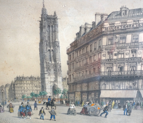 Set of 10 colourized lithographs : Paris places, Napoleon III period, mahogany frames