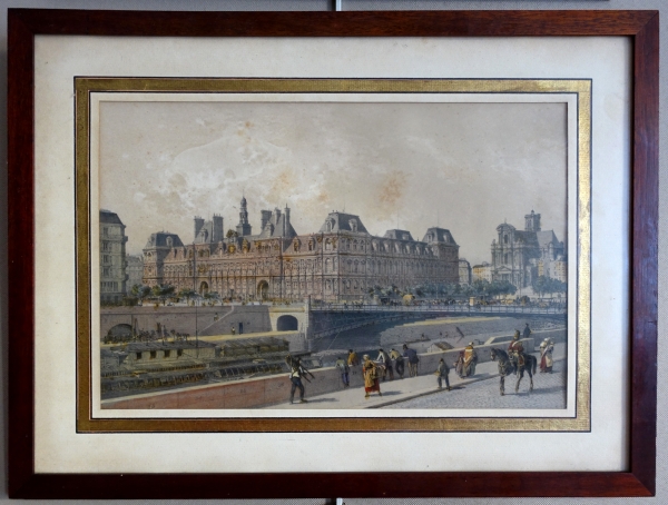 Set of 10 colourized lithographs : Paris places, Napoleon III period, mahogany frames
