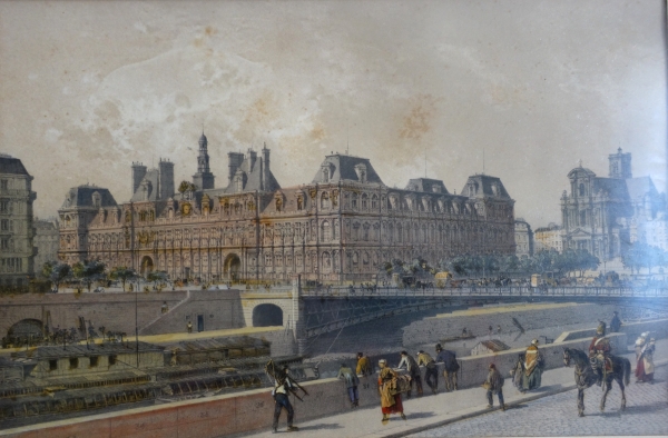 Set of 10 colourized lithographs : Paris places, Napoleon III period, mahogany frames