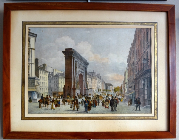 Set of 10 colourized lithographs : Paris places, Napoleon III period, mahogany frames
