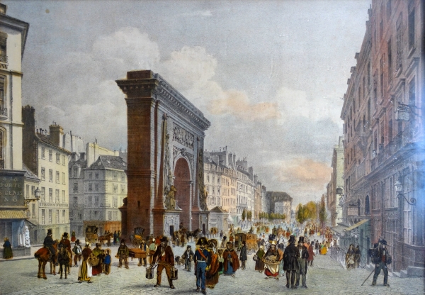 Set of 10 colourized lithographs : Paris places, Napoleon III period, mahogany frames