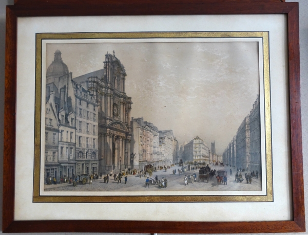 Set of 10 colourized lithographs : Paris places, Napoleon III period, mahogany frames