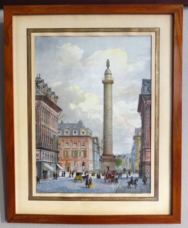 Set of 10 colourized lithographs : Paris places, Napoleon III period, mahogany frames