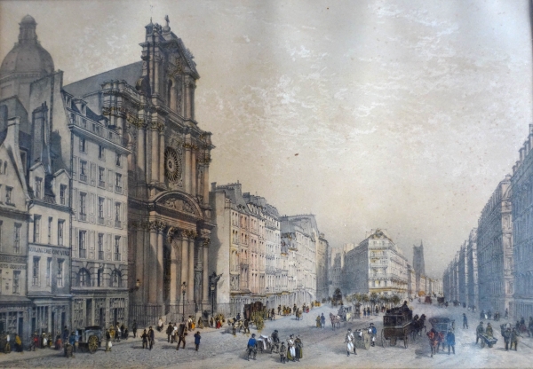 Set of 10 colourized lithographs : Paris places, Napoleon III period, mahogany frames