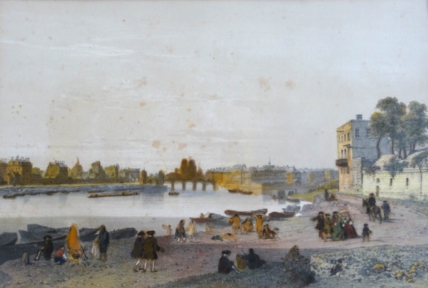 Set of 10 colourized lithographs : Paris places, Napoleon III period, mahogany frames