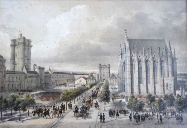 Set of 10 colourized lithographs : Paris places, Napoleon III period, mahogany frames