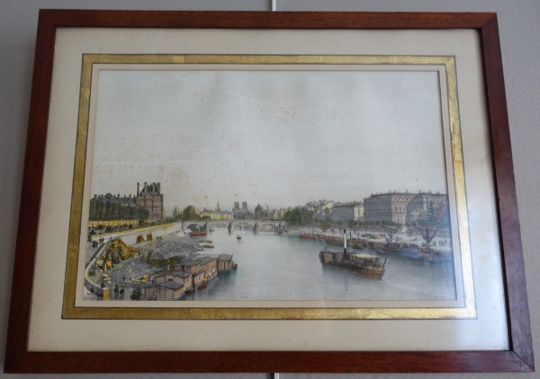 Set of 10 colourized lithographs : Paris places, Napoleon III period, mahogany frames