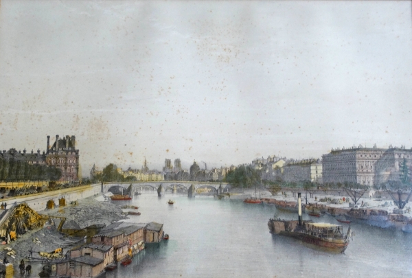 Set of 10 colourized lithographs : Paris places, Napoleon III period, mahogany frames