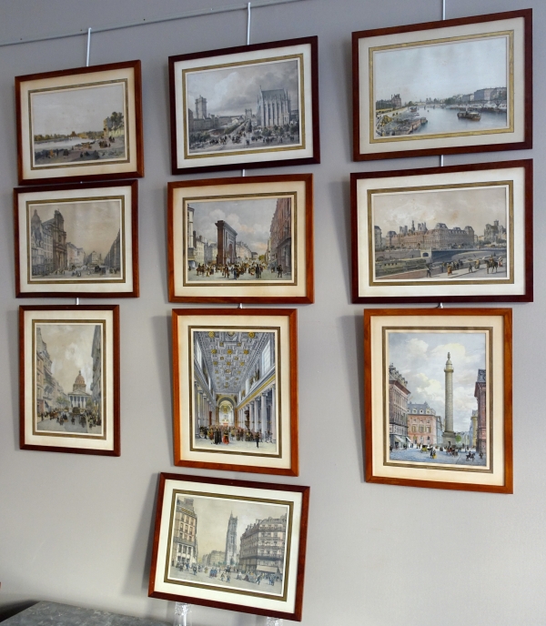 Set of 10 colourized lithographs : Paris places, Napoleon III period, mahogany frames