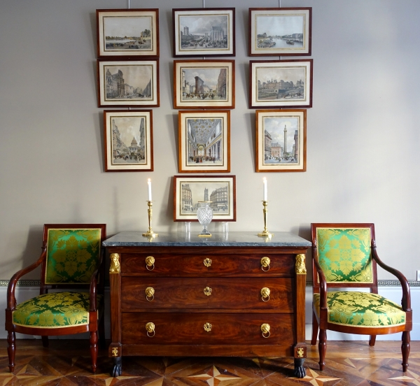 Set of 10 colourized lithographs : Paris places, Napoleon III period, mahogany frames