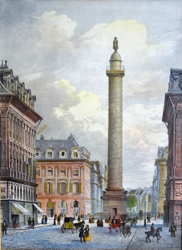 Set of 10 colourized lithographs : Paris places, Napoleon III period, mahogany frames