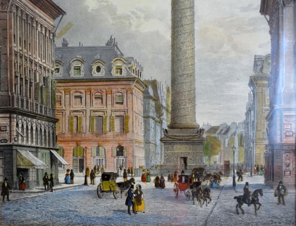 Set of 10 colourized lithographs : Paris places, Napoleon III period, mahogany frames