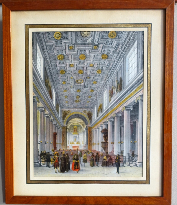 Set of 10 colourized lithographs : Paris places, Napoleon III period, mahogany frames