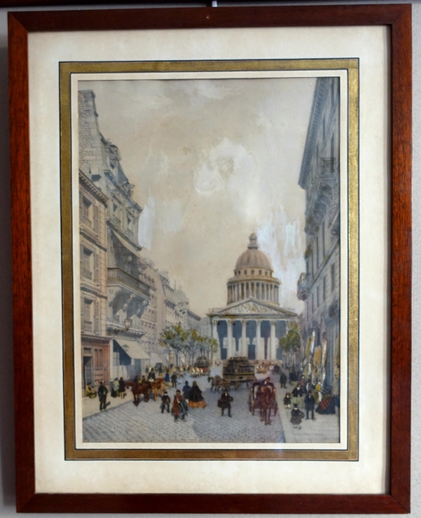 Set of 10 colourized lithographs : Paris places, Napoleon III period, mahogany frames