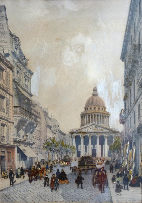 Set of 10 colourized lithographs : Paris places, Napoleon III period, mahogany frames