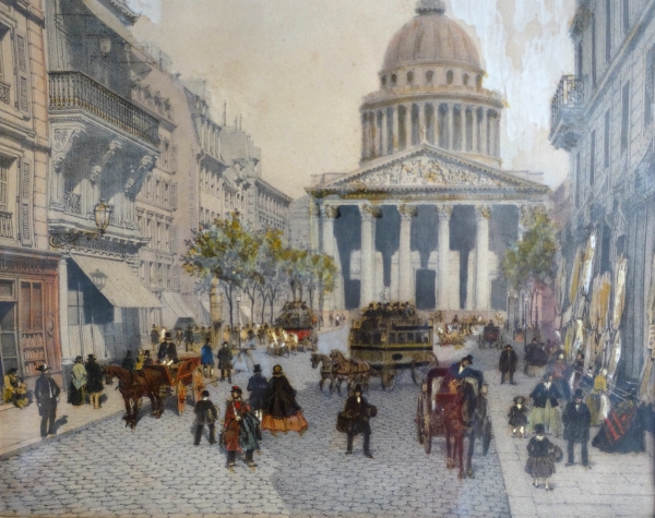 Set of 10 colourized lithographs : Paris places, Napoleon III period, mahogany frames