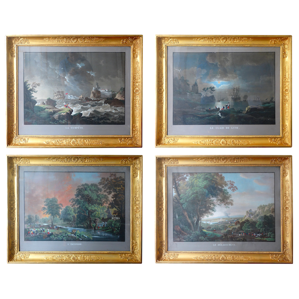 Série de 4 grandes gouaches : paysages et marines d'époque Empire Restauration - cadres dorés