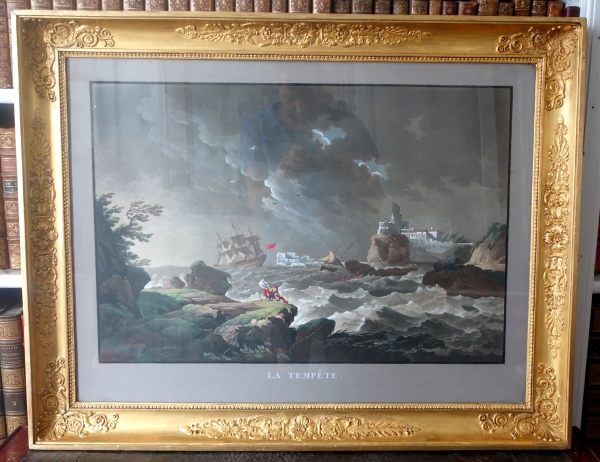 Série de 4 grandes gouaches : paysages et marines d'époque Empire Restauration - cadres dorés