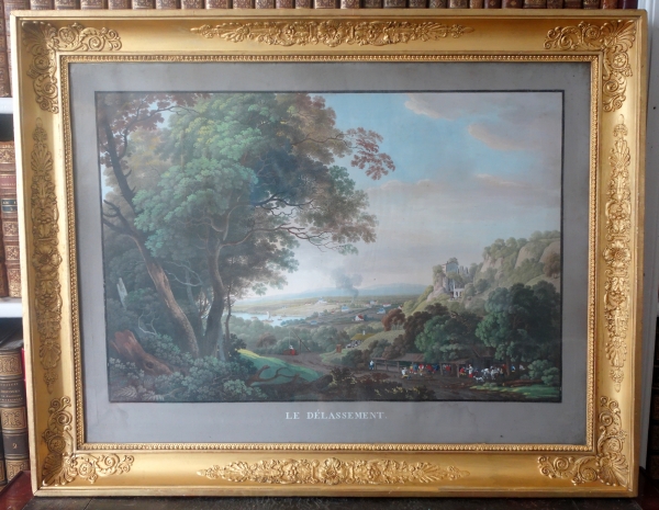 Série de 4 grandes gouaches : paysages et marines d'époque Empire Restauration - cadres dorés