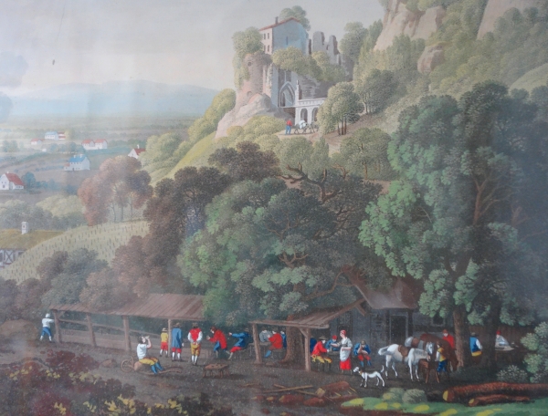 Série de 4 grandes gouaches : paysages et marines d'époque Empire Restauration - cadres dorés