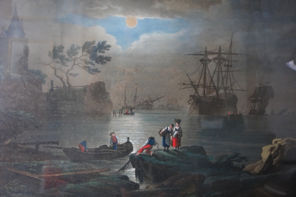 Série de 4 grandes gouaches : paysages et marines d'époque Empire Restauration - cadres dorés