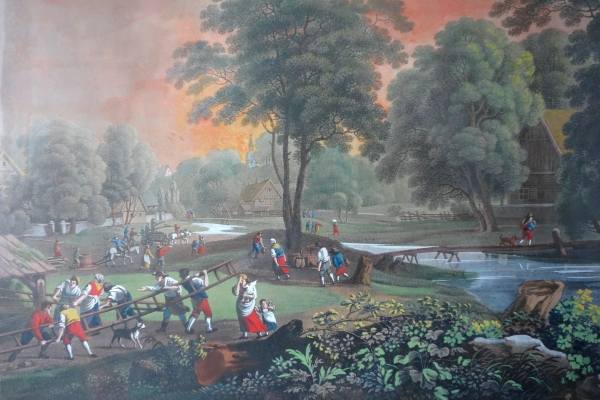 Série de 4 grandes gouaches : paysages et marines d'époque Empire Restauration - cadres dorés