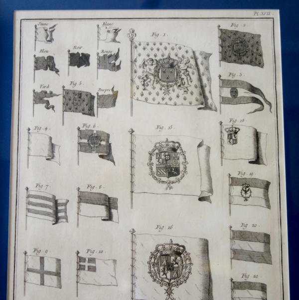 Collection of 18th century engravings : Navy flags set into Empire gilt wood frames