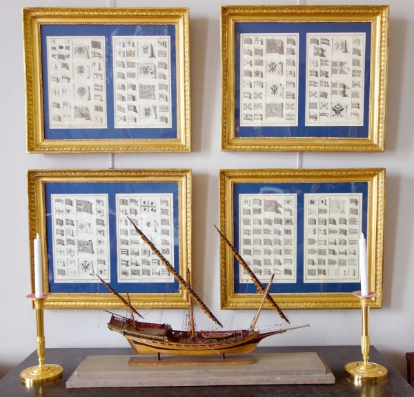 Collection of 18th century engravings : Navy flags set into Empire gilt wood frames