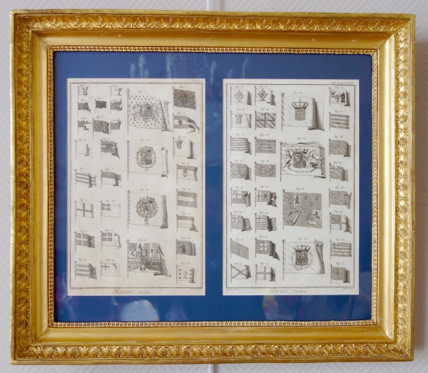 Collection of 18th century engravings : Navy flags set into Empire gilt wood frames