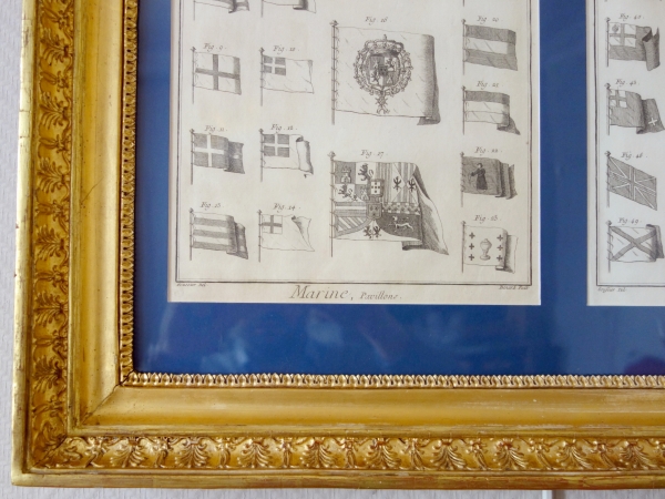 Collection of 18th century engravings : Navy flags set into Empire gilt wood frames