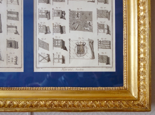 Collection of 18th century engravings : Navy flags set into Empire gilt wood frames