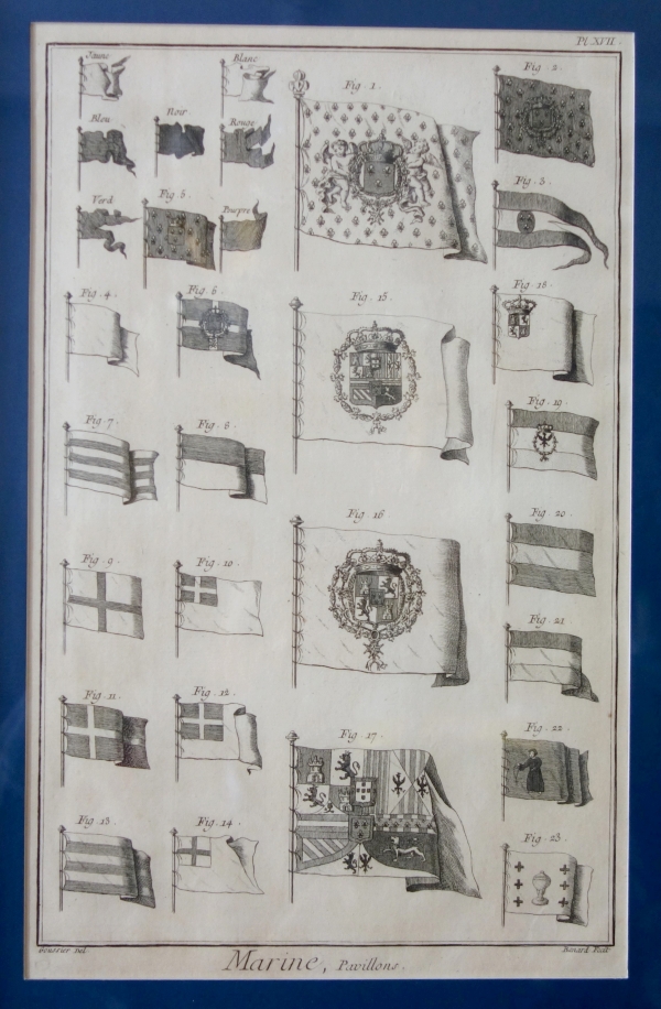 Collection of 18th century engravings : Navy flags set into Empire gilt wood frames