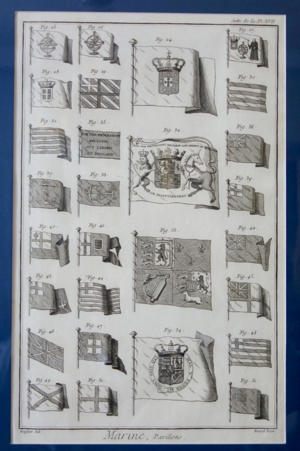 Collection of 18th century engravings : Navy flags set into Empire gilt wood frames