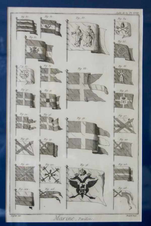 Collection of 18th century engravings : Navy flags set into Empire gilt wood frames