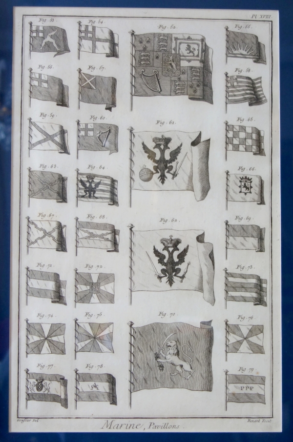 Collection of 18th century engravings : Navy flags set into Empire gilt wood frames