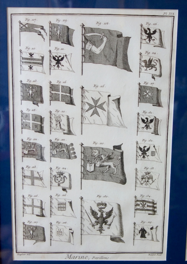 Collection of 18th century engravings : Navy flags set into Empire gilt wood frames