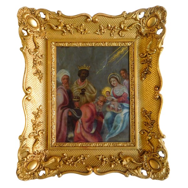 17th century school, Nativity scene, 3 Wise Men Adoration - oil on copper