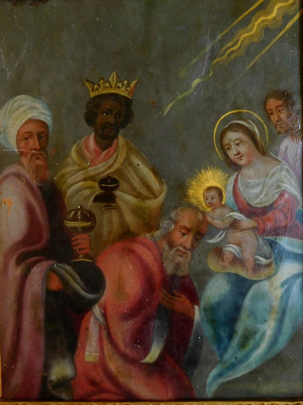 17th century school, Nativity scene, 3 Wise Men Adoration - oil on copper