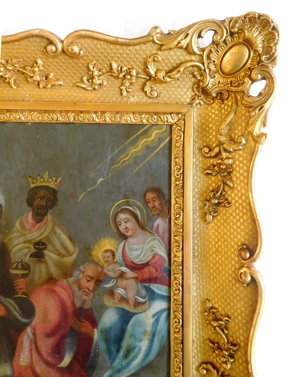 17th century school, Nativity scene, 3 Wise Men Adoration - oil on copper