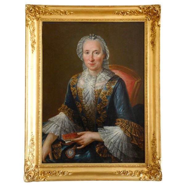 18th century French School - large portrait of a lady wearing a court dress - 75cm x 96cm