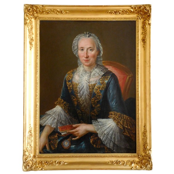 Ecole Française du XVIIIe, grand portrait d'aristocrate en robe de cour, huile sur toile - 75cm x 96cm