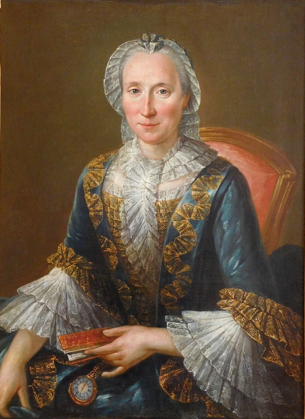 18th century French School - large portrait of a lady wearing a court dress - 75cm x 96cm