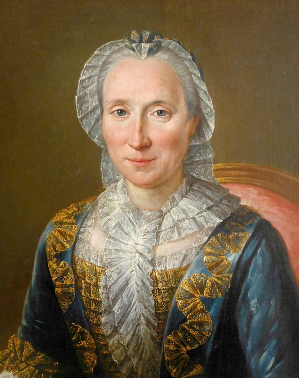 Ecole Française du XVIIIe, grand portrait d'aristocrate en robe de cour, huile sur toile - 75cm x 96cm