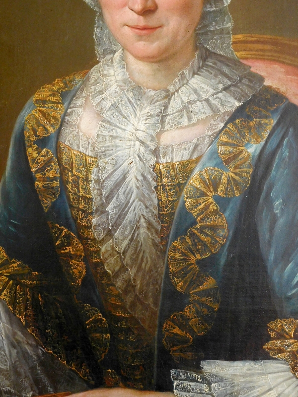 Ecole Française du XVIIIe, grand portrait d'aristocrate en robe de cour, huile sur toile - 75cm x 96cm